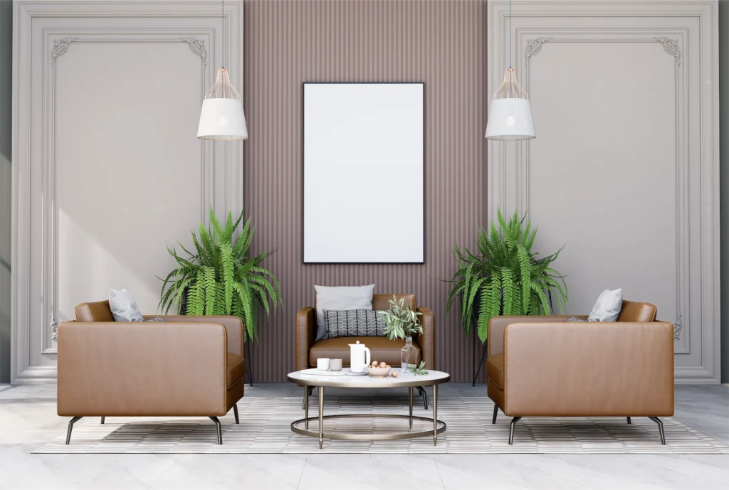 Contemporary living room with leather sofas and plants