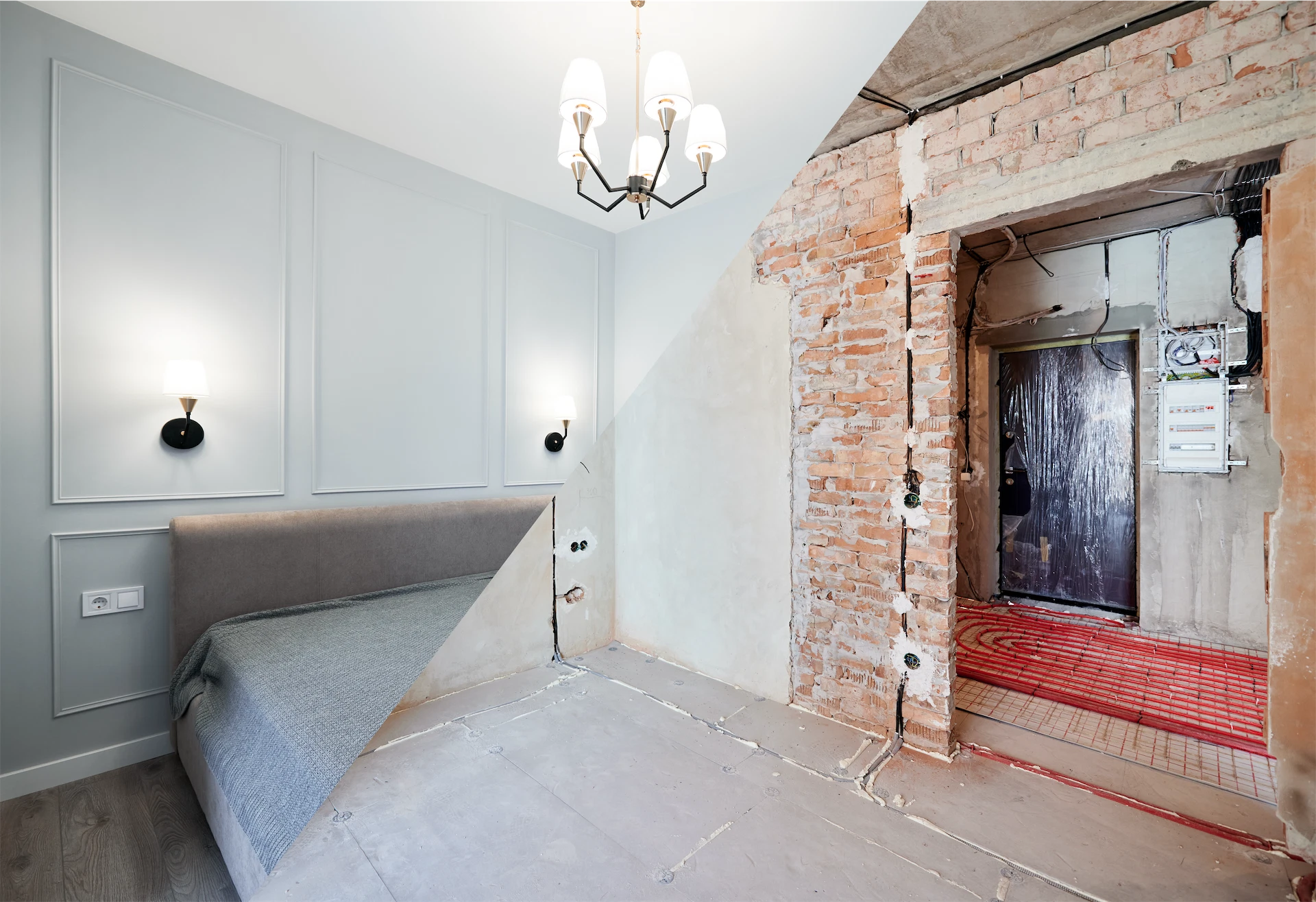 Split image showing bedroom before renovation and after remodel