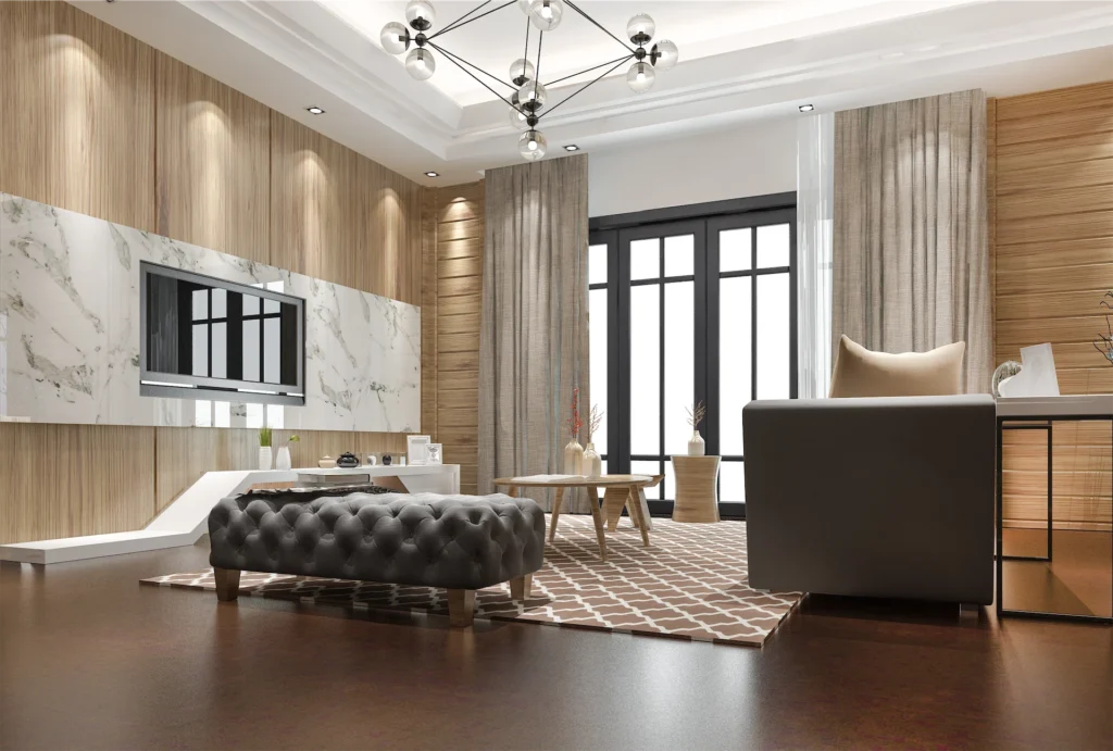 Modern living room with tufted ottoman and marble wall décor