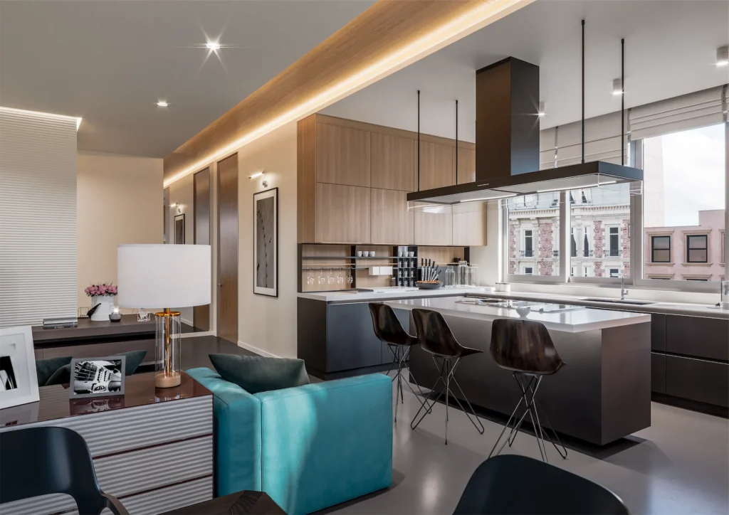 Contemporary open-concept kitchen and living space