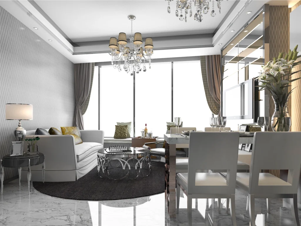 Luxury living and dining room with chandelier and modern decor