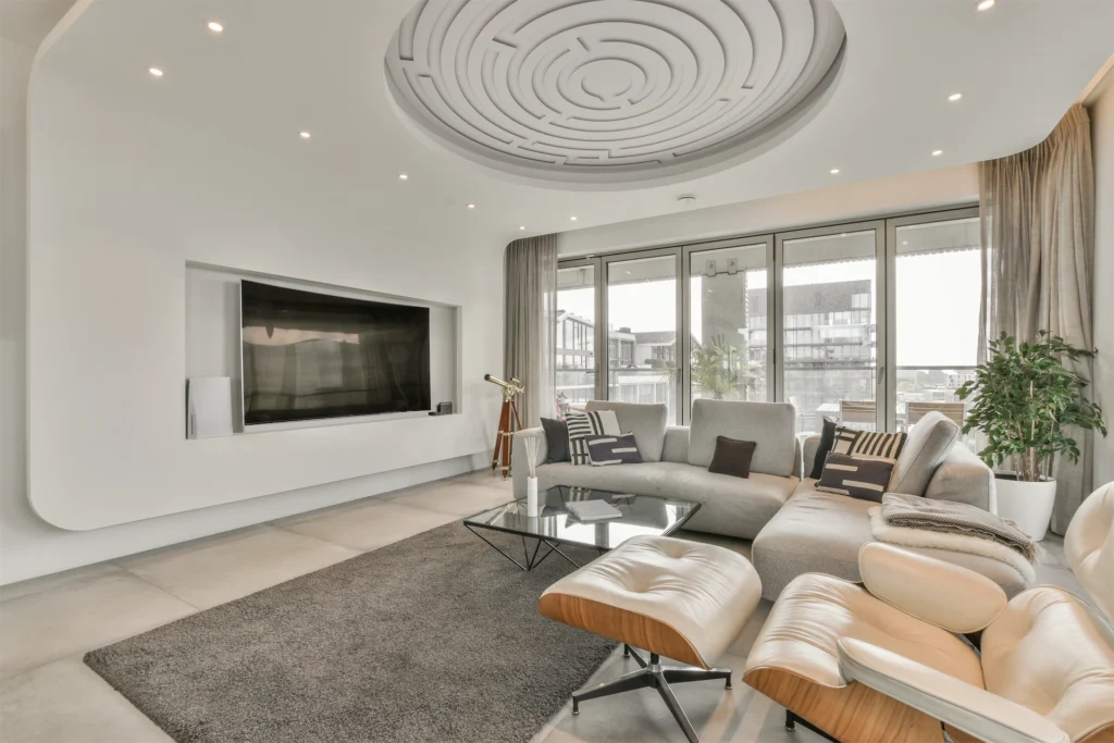 Modern living room with large windows and minimalist furniture