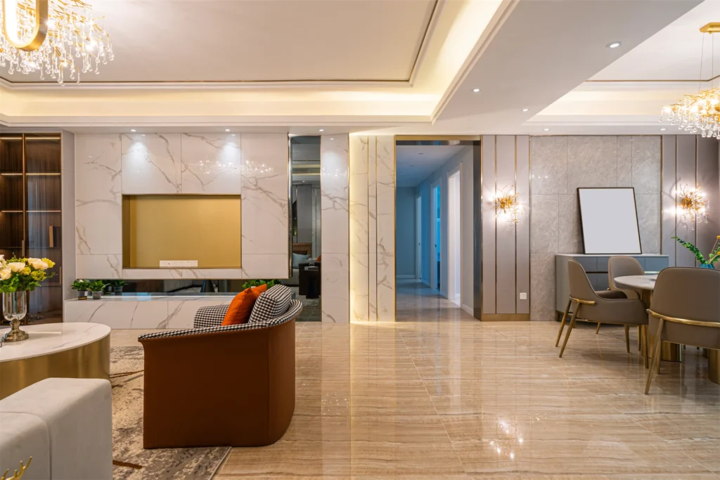 High-end interior design with marble finishes and warm lighting
