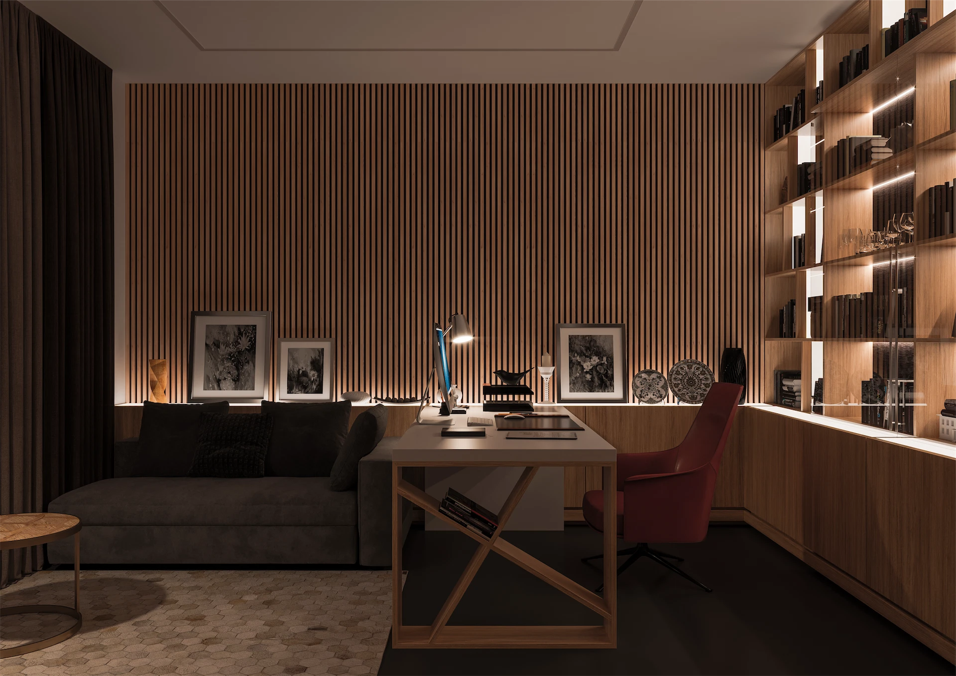 High-end home office interior with ambient lighting design