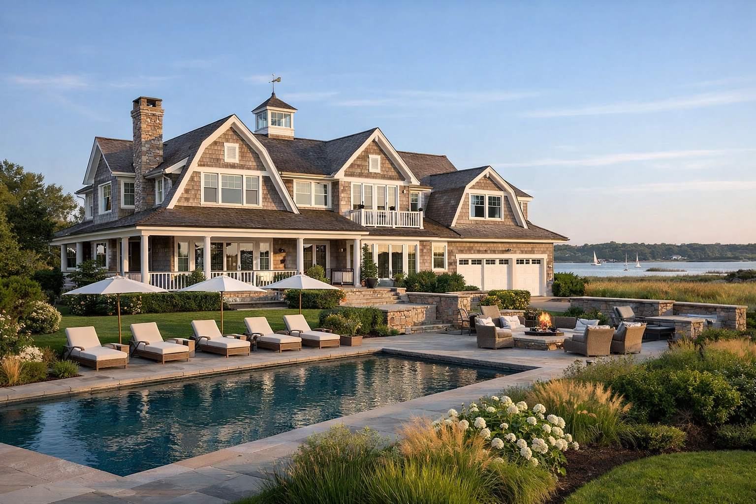 Waterfront luxury home with pool and outdoor lounge area