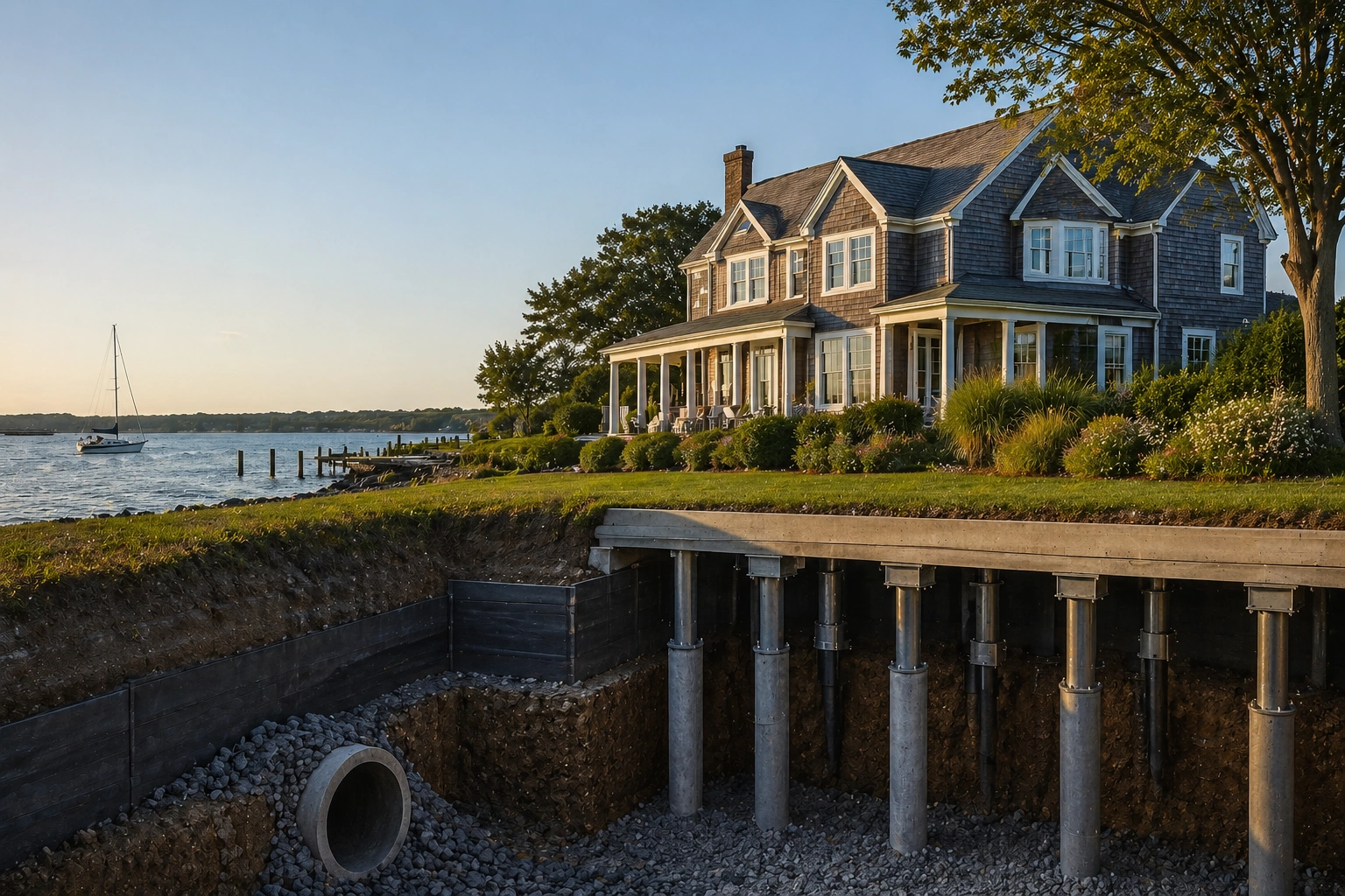 Coastal home foundation with helical piles and drainage system installed in the hamptons ny