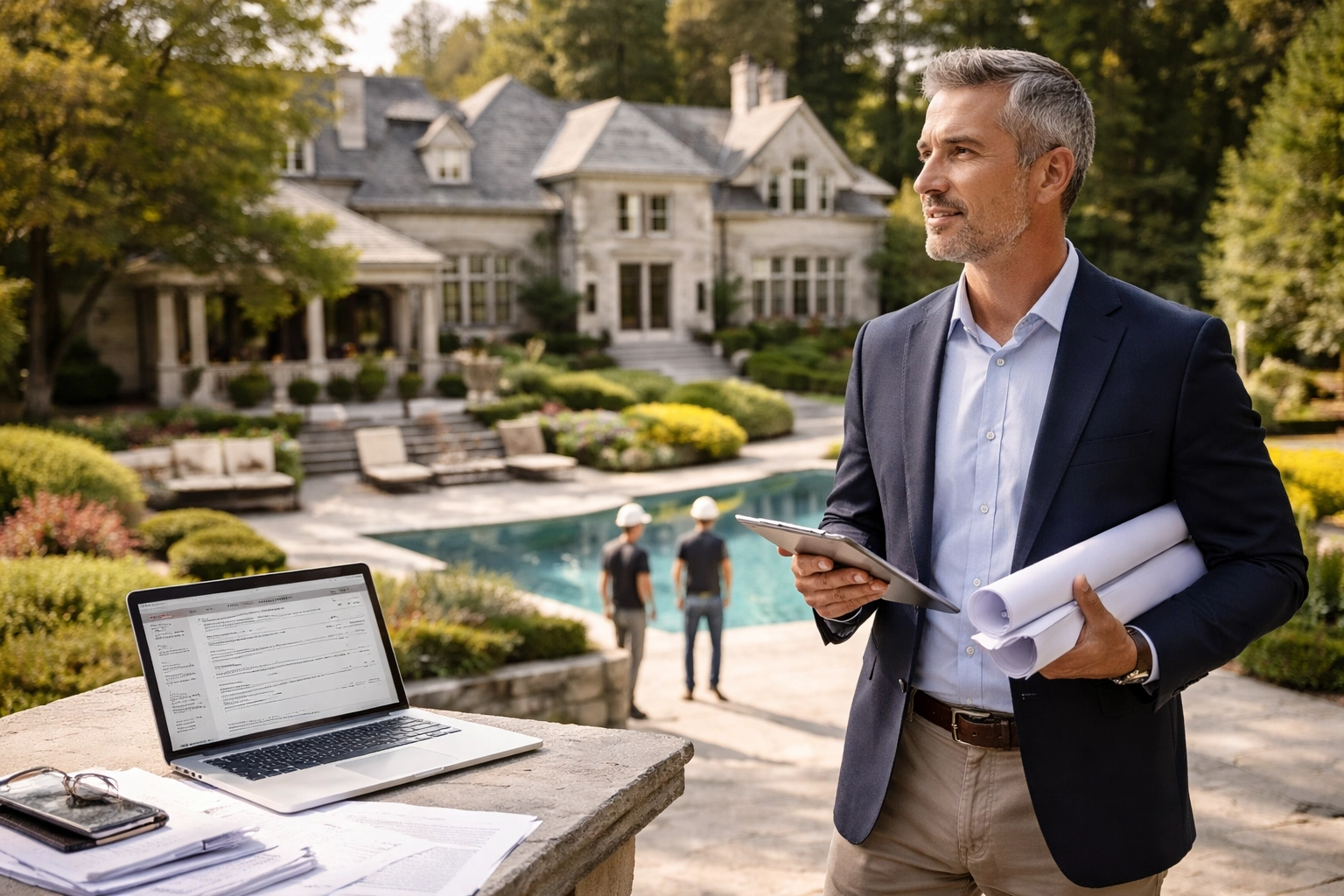 Construction owner's representative reviewing plans at luxury home site