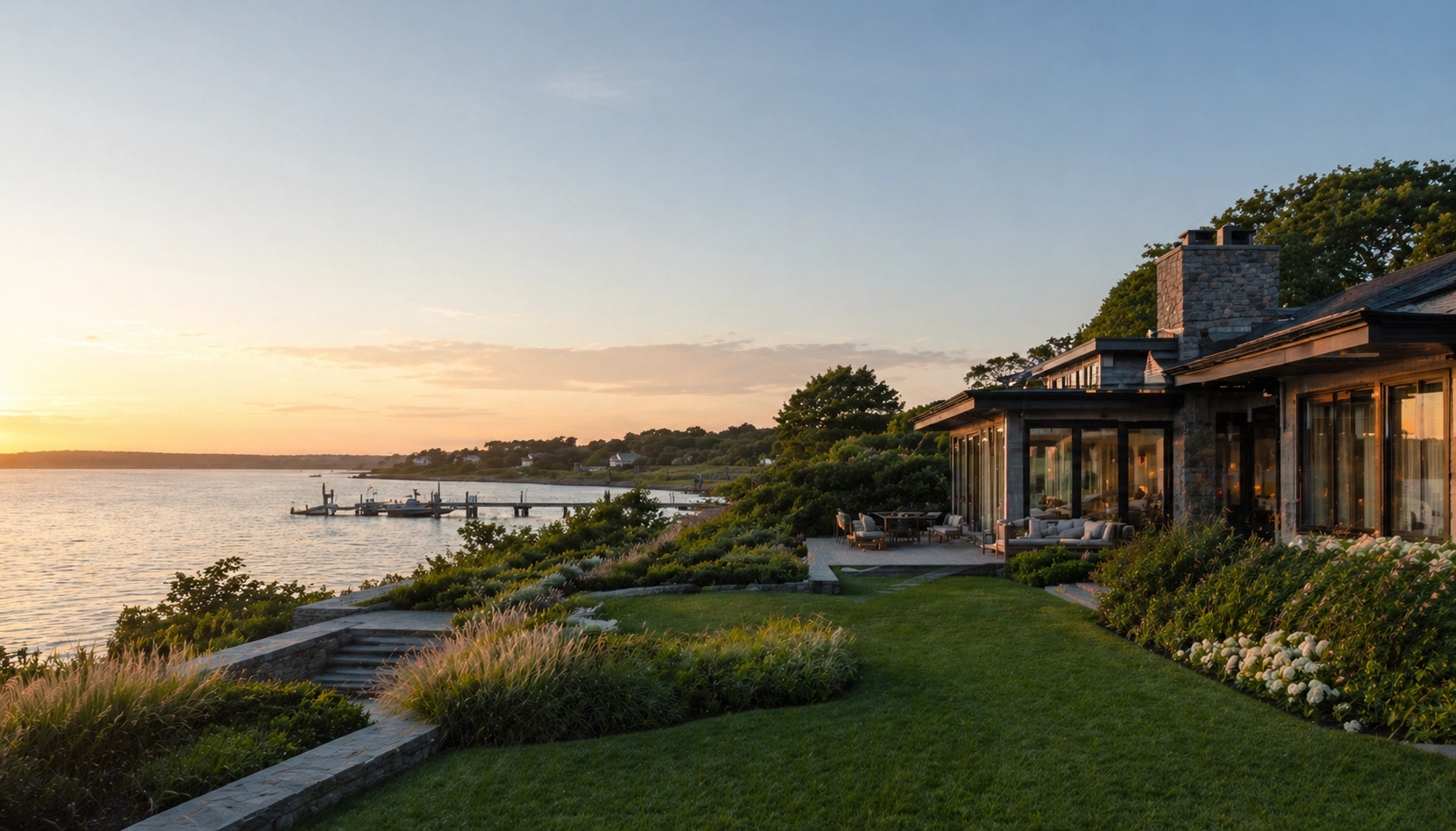 Luxury waterfront home with landscaped yard overlooking calm sunset bay in the hamptons ny