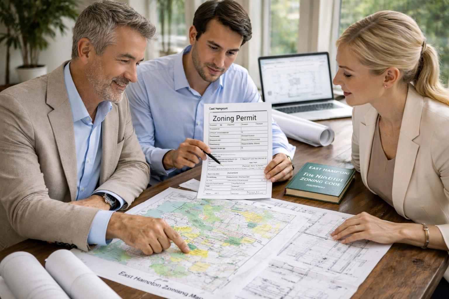 Professionals discussing zoning maps and construction drawings
