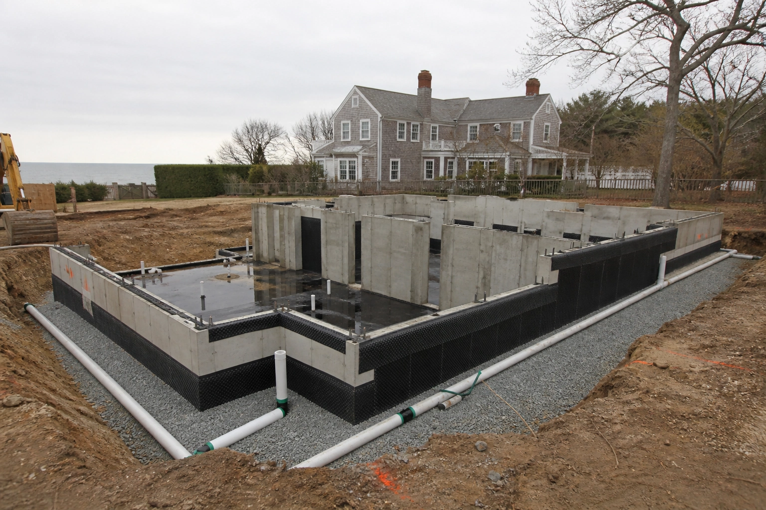 Coastal amagansett home foundation with drainage system and waterproofing
