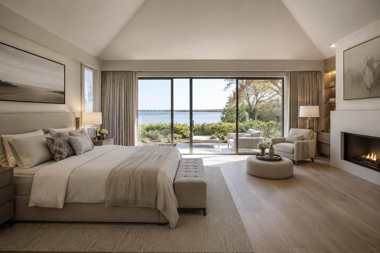 Elegant waterfront master suite with fireplace, vaulted ceiling, and panoramic outdoor views in luxury Hamptons residence