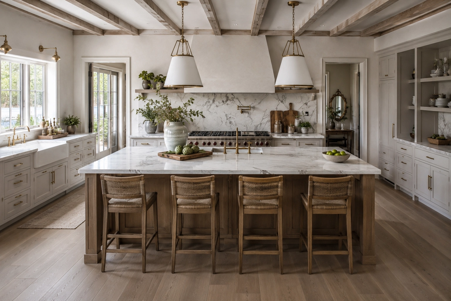 Luxury Hamptons kitchen remodel with marble island, exposed wood beams, and custom cabinetry in modern coastal home