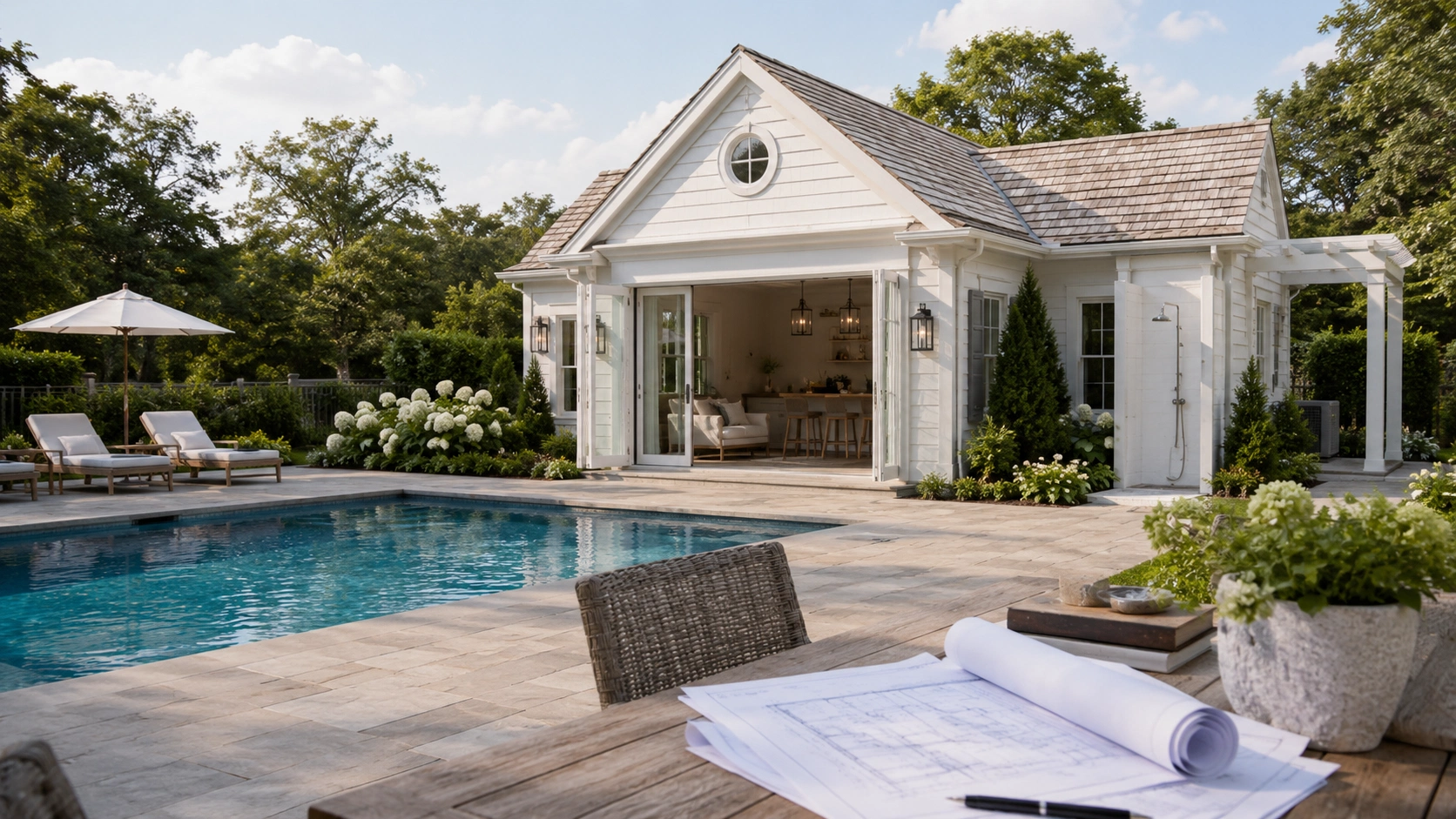 Luxury Hamptons pool house and outdoor living space with custom construction plans beside resort-style backyard pool