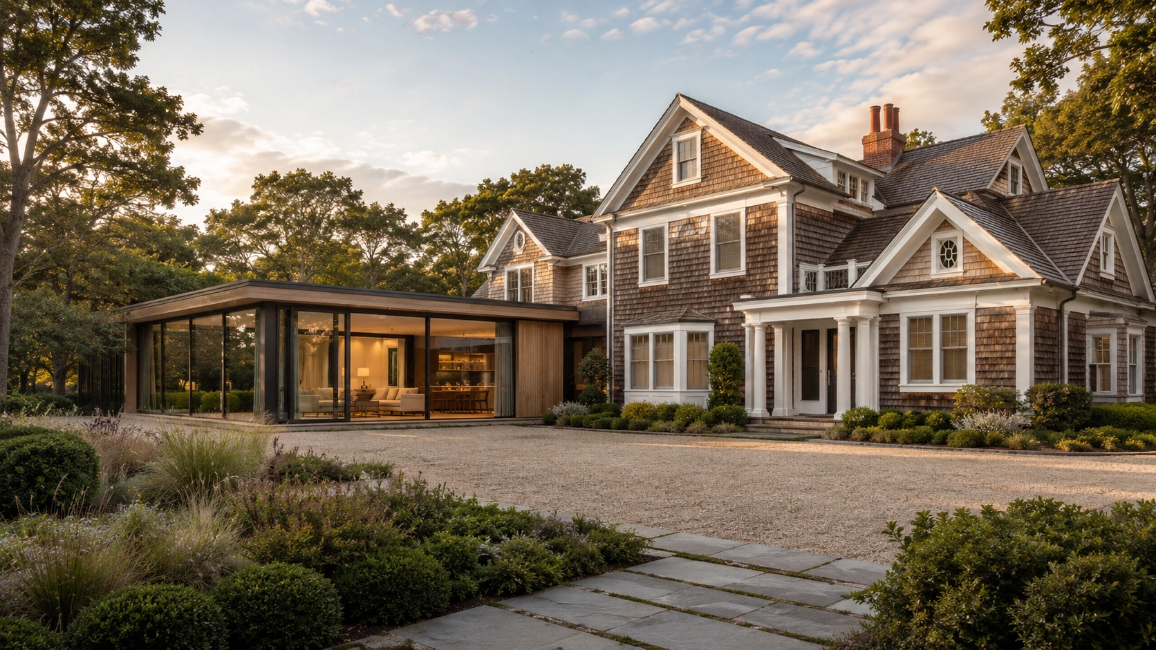 Modern glass home extension added to classic Wainscott shingle style estate