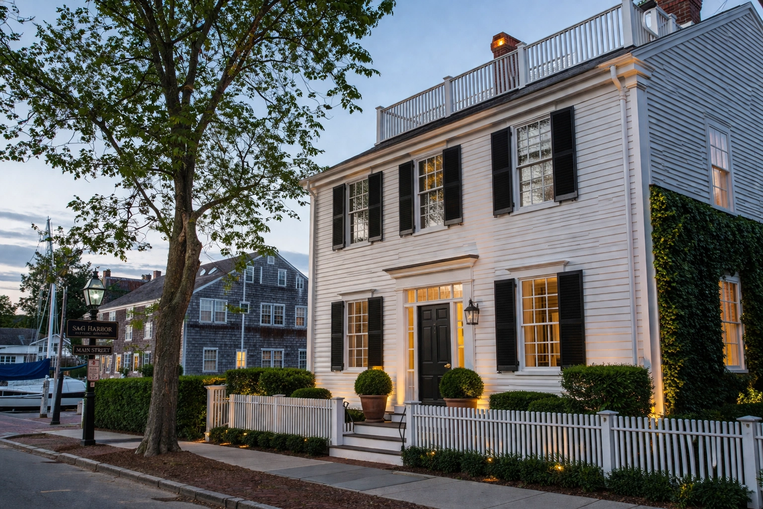 Sag Harbor historic home exterior near waterfront at dusk