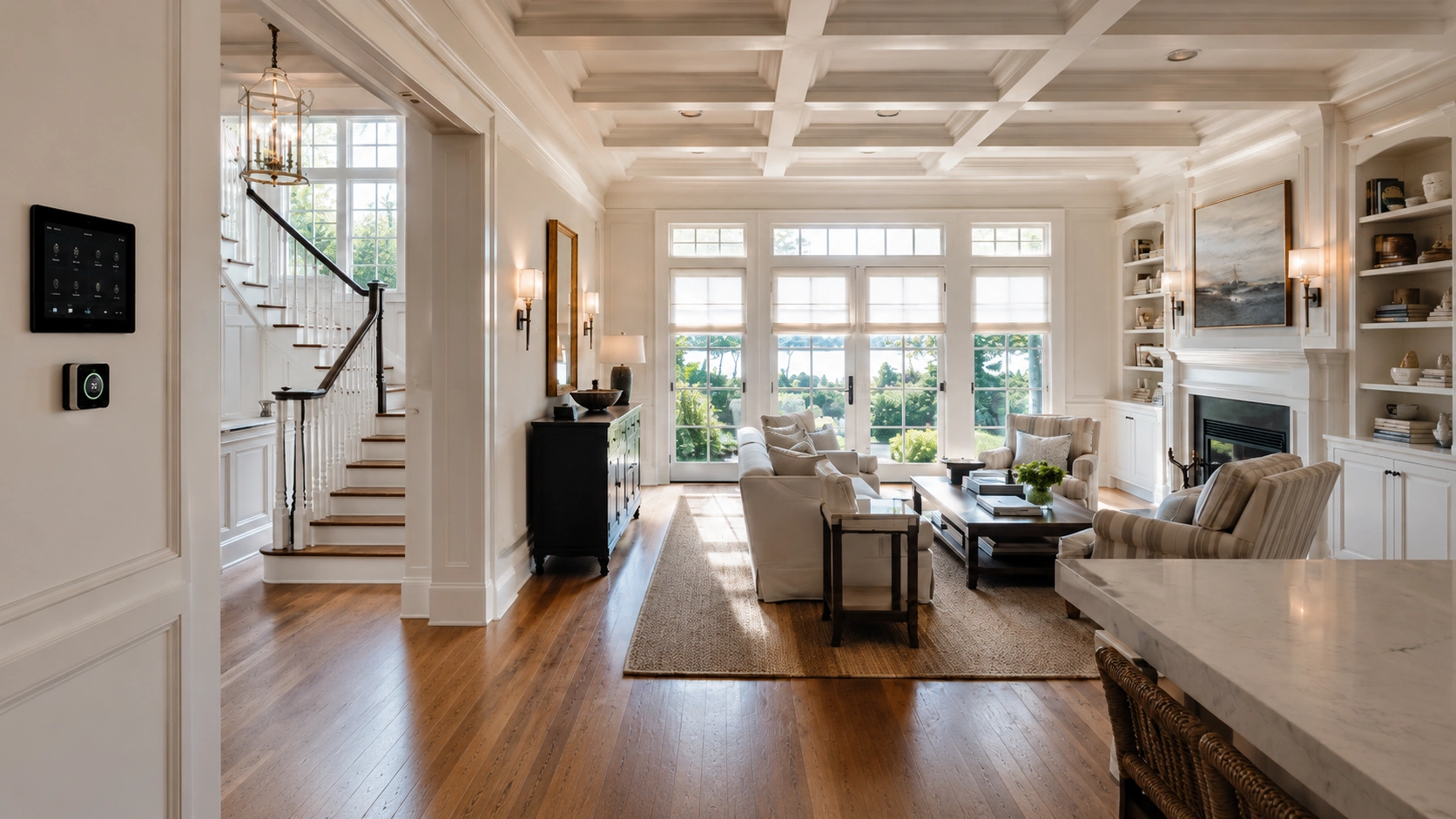 Smart luxury home interior with integrated automation controls and custom coastal design in Hamptons residence