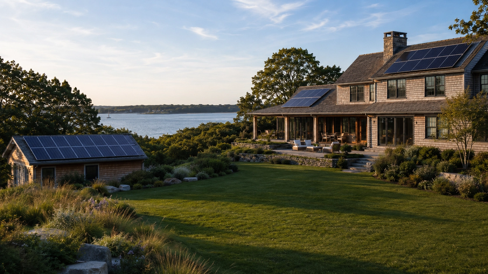 Sustainable Shelter Island estate with rooftop solar panels overlooking waterfront landscape