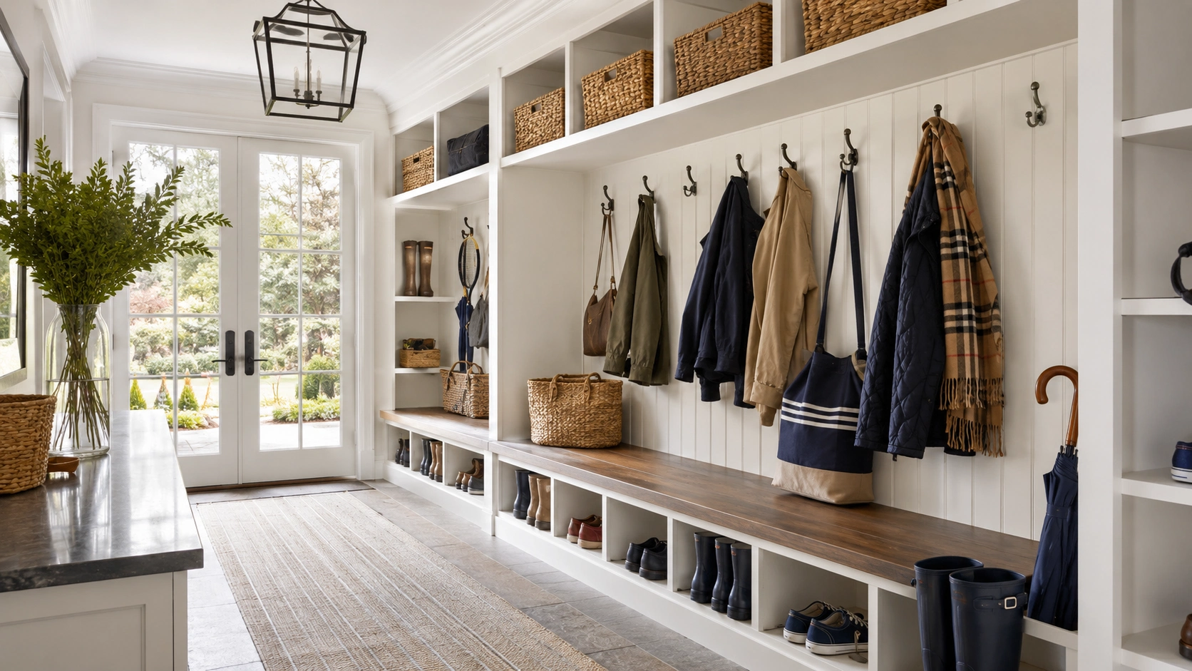 Custom Hamptons mudroom with built-in storage and seating