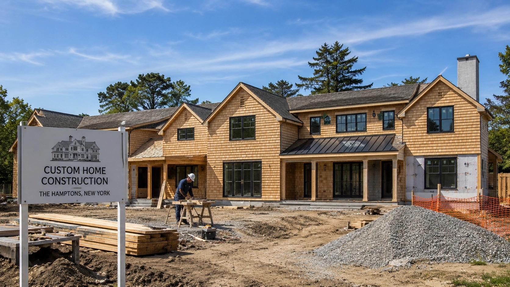 Custom home under construction in the Hamptons with cedar siding and active jobsite work