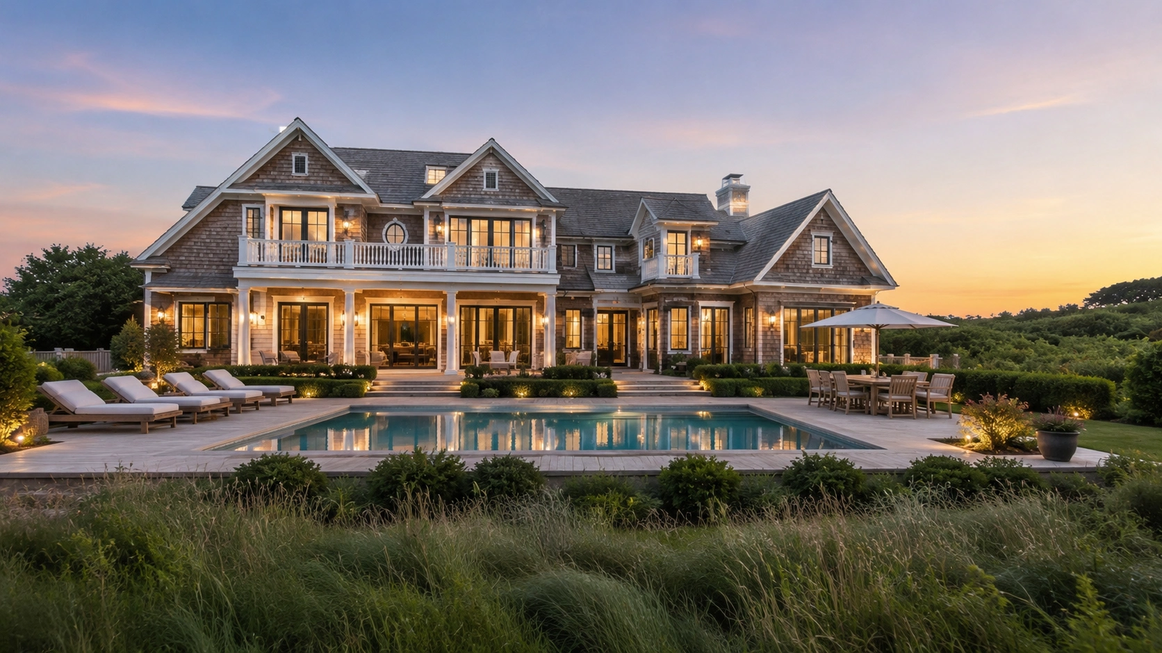 Custom luxury home in the Hamptons with an expansive backyard pool, outdoor entertaining area, and high-end residential architecture at dusk