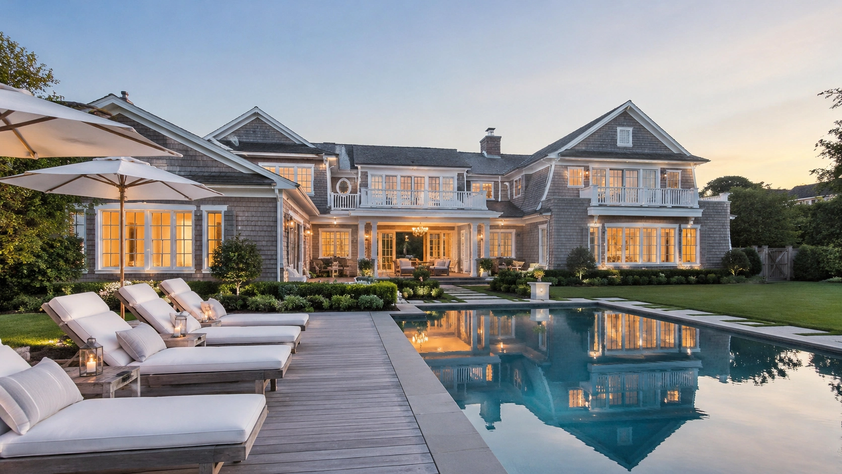 Luxury Hamptons waterfront estate featuring a resort style swimming pool, outdoor lounge seating, and custom coastal home design at sunset