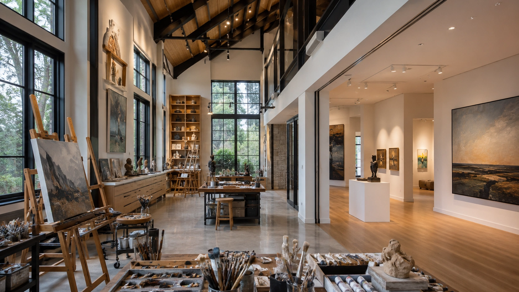 Luxury artist studio with private gallery space and artwork displays