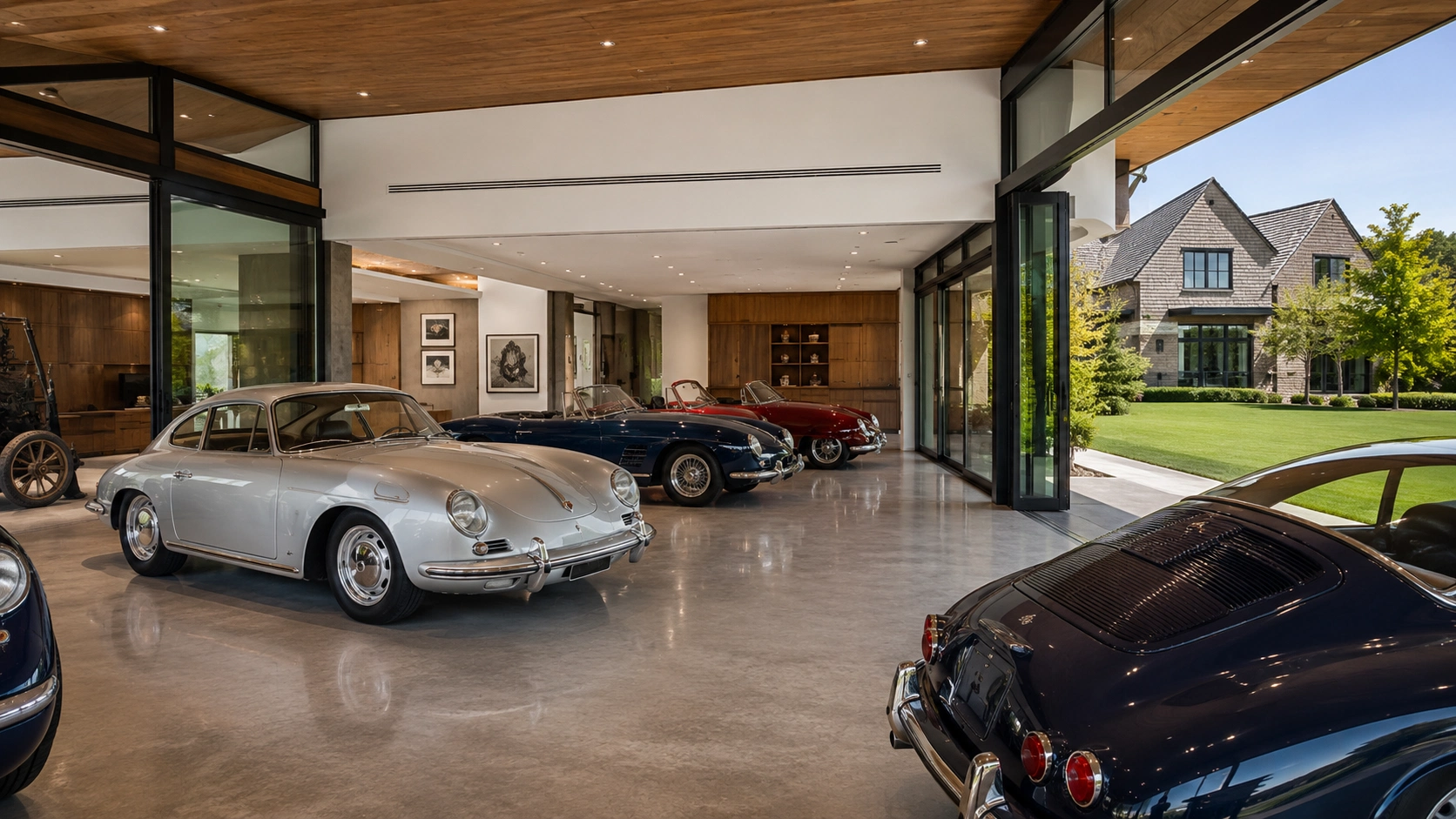 Luxury custom home garage with classic vintage cars, polished concrete floors, floor-to-ceiling glass doors, and high-end architectural design