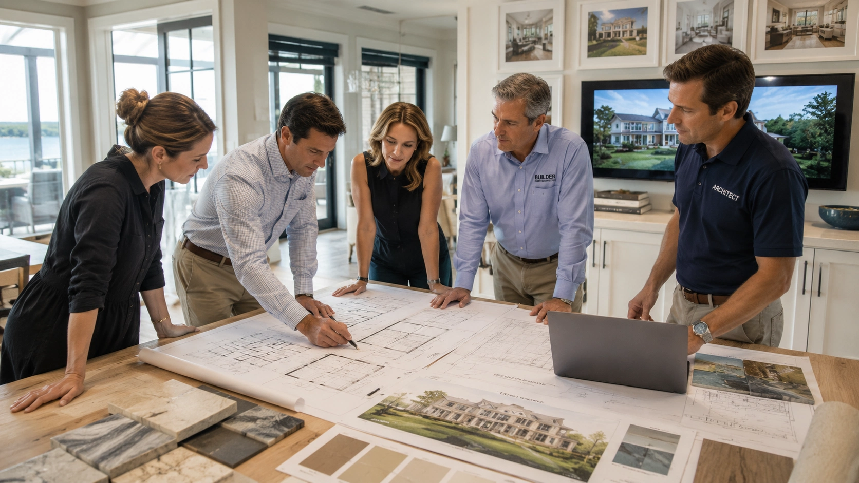 Luxury home design team reviewing architectural blueprints during a custom home planning meeting in The Hamptons