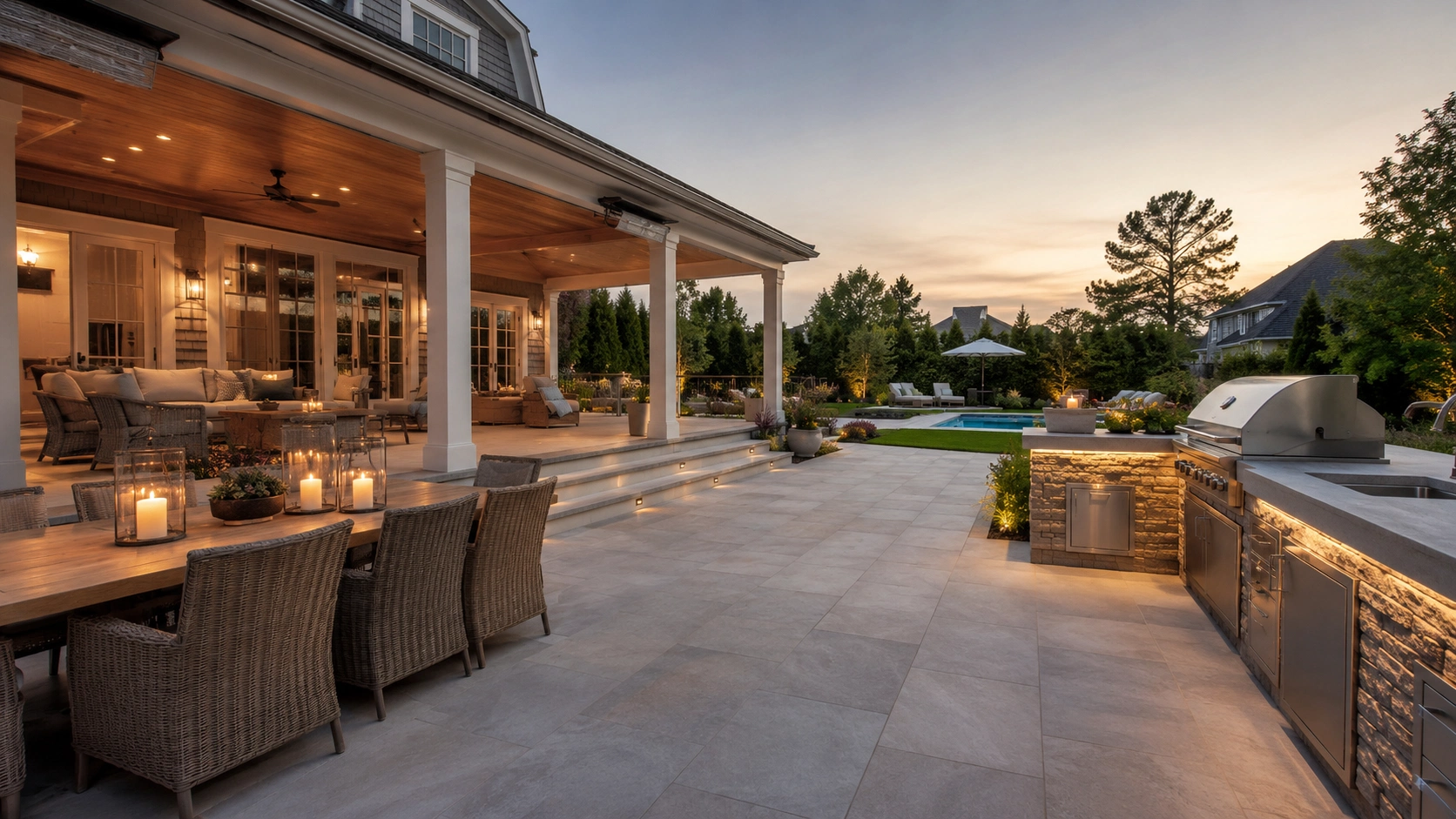 Luxury outdoor living area featuring covered patio, outdoor kitchen, dining space, swimming pool, and custom landscape lighting at sunset