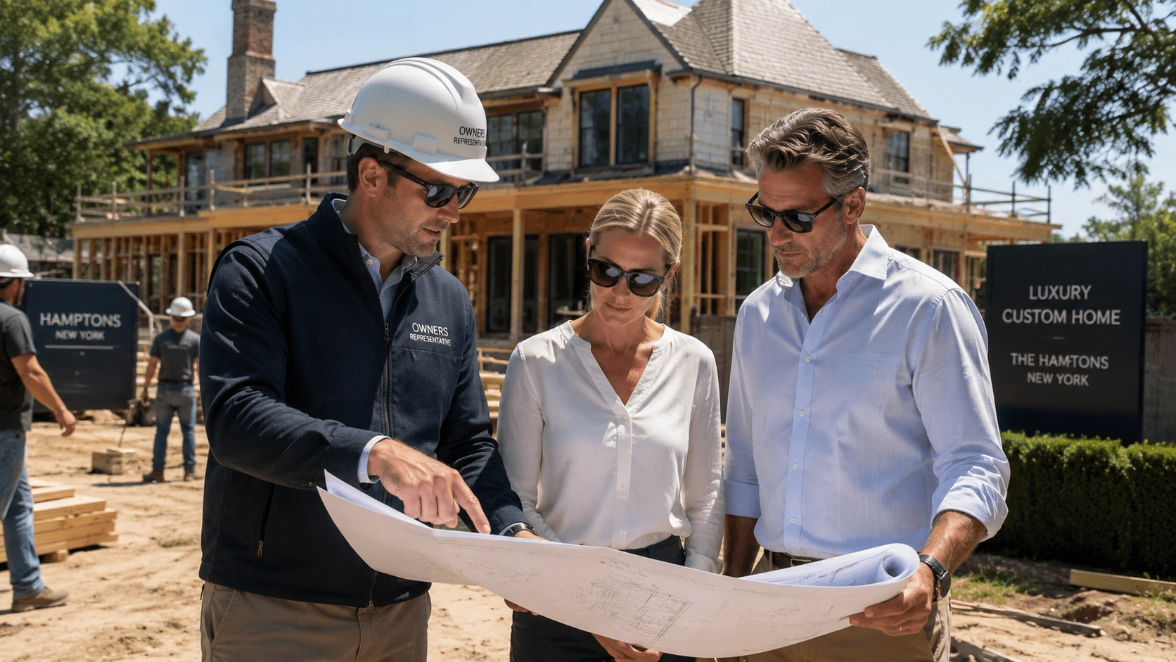 Owners representative reviewing construction plans with homeowners at a luxury custom home project in The Hamptons, New York