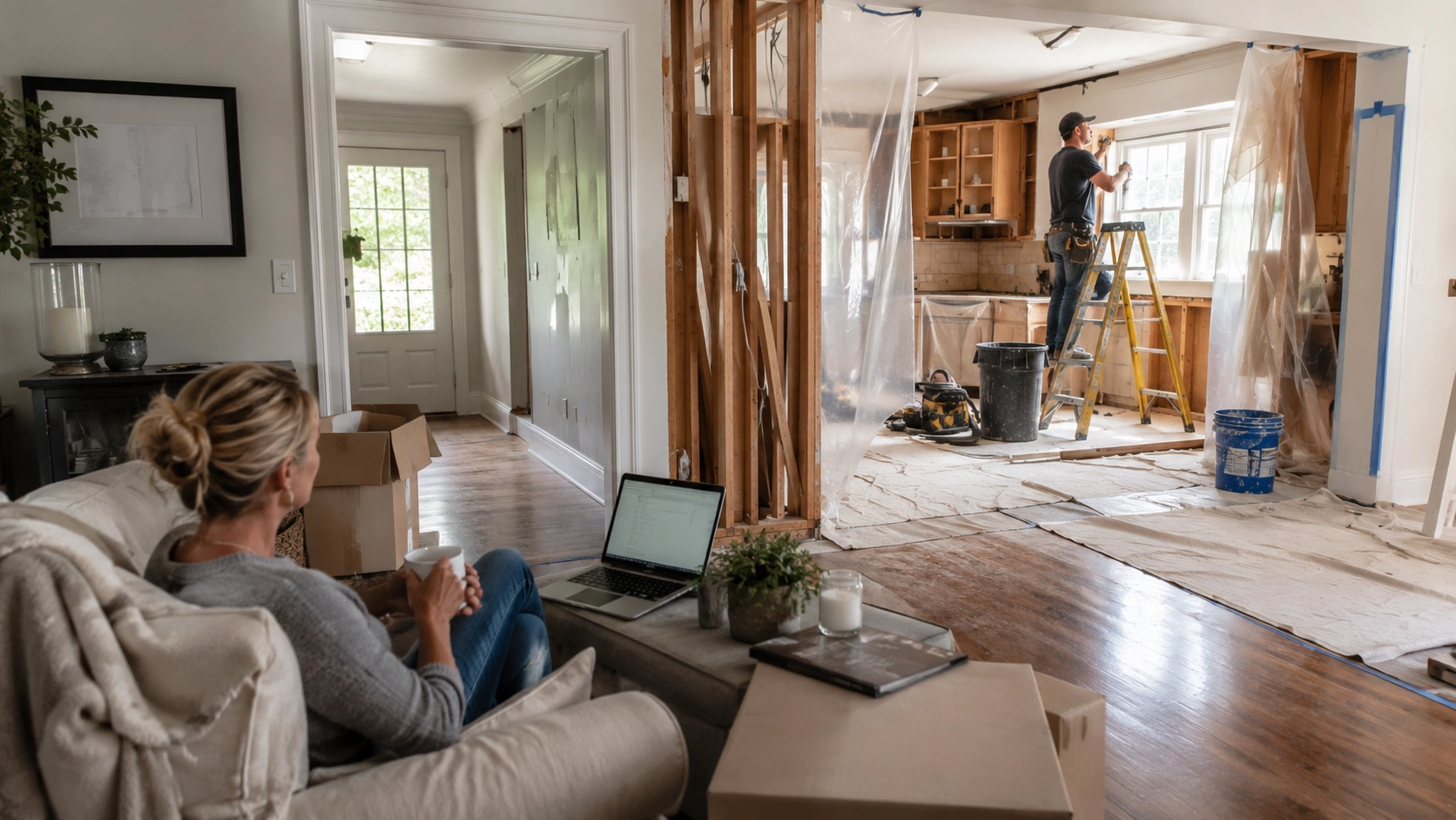 Homeowner relaxing while a contractor completes a home remodeling project