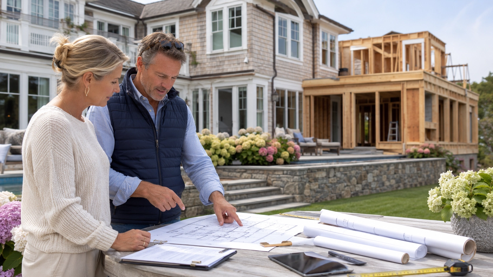 Homeowners reviewing renovation plans with a luxury home addition under construction
