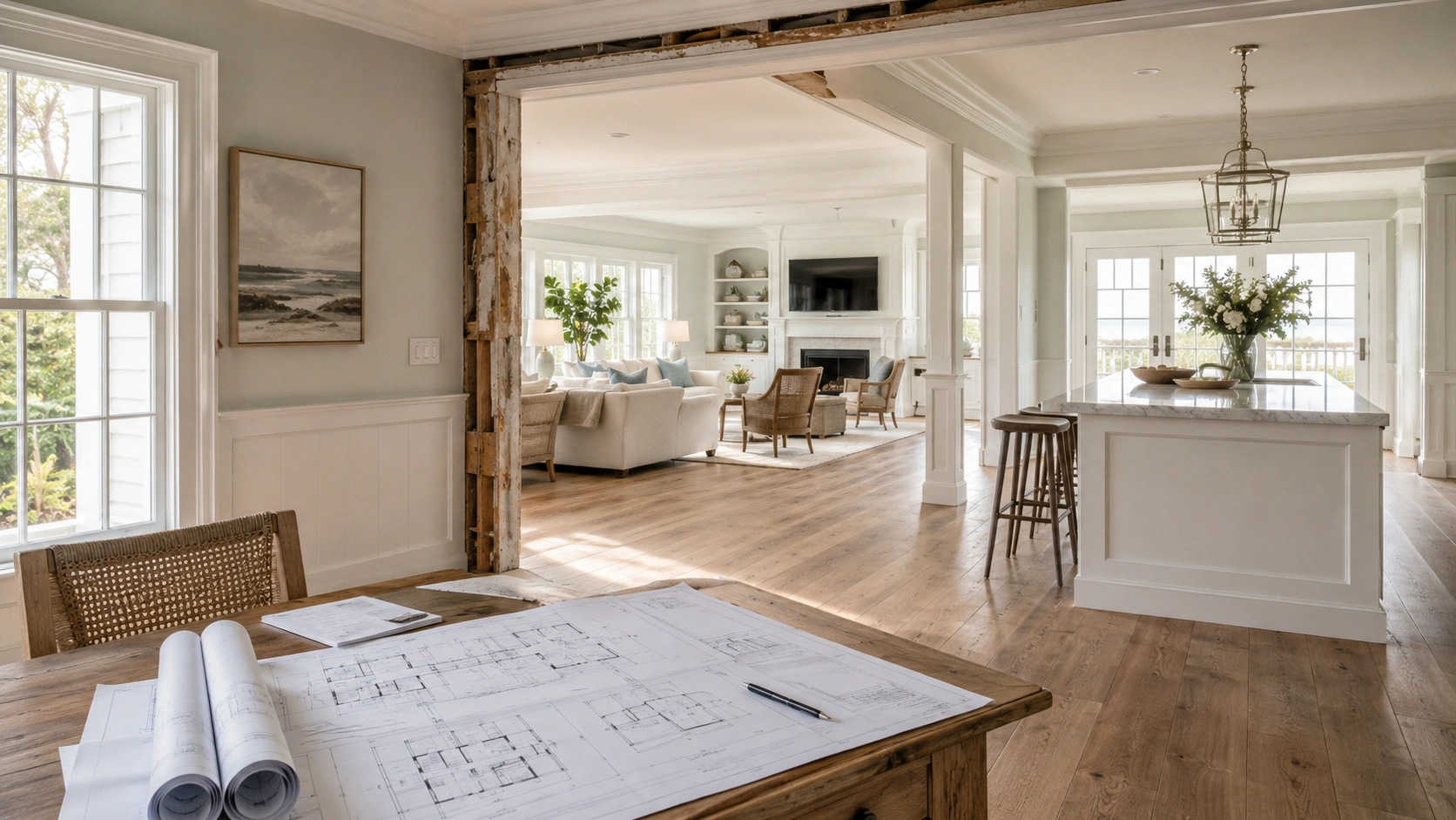 Luxury Hamptons home floor plan reconfiguration with interior wall removed to create an open-concept living space
