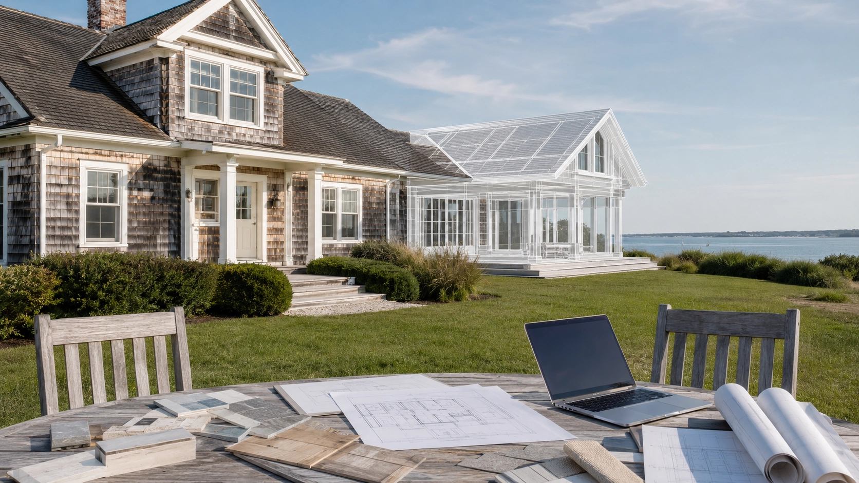Luxury home addition concept showing architectural rendering overlay for a waterfront home expansion project