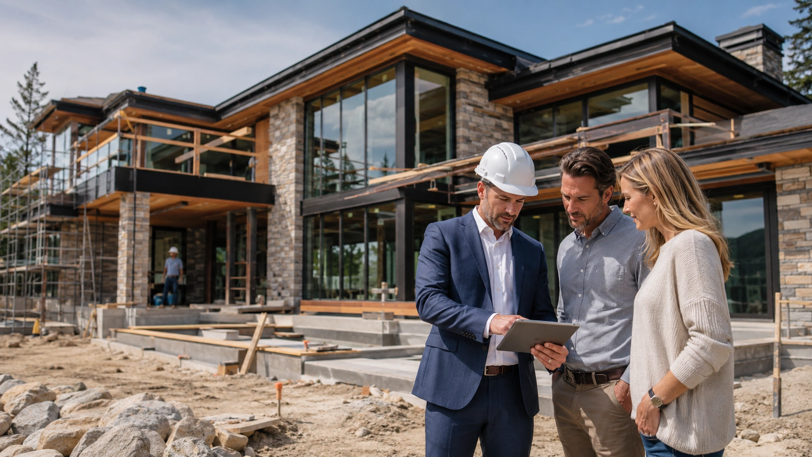 Luxury home builder construction manager reviewing plans with homeowners onsite