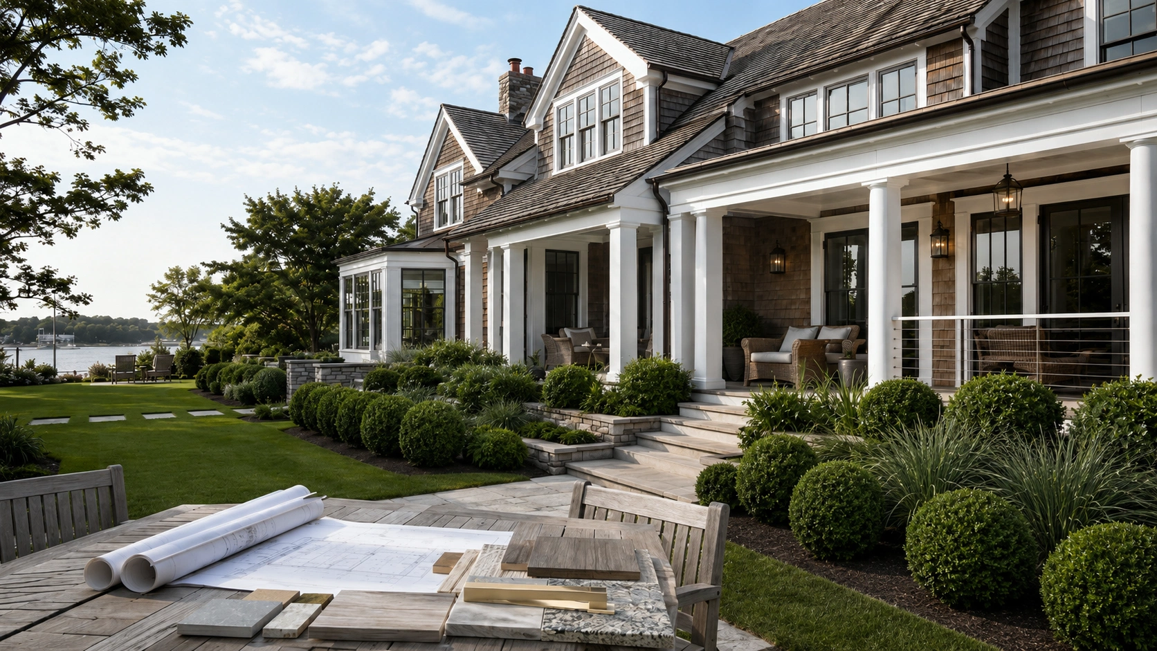 Luxury home renovation showcasing exterior design plans and premium landscaping beside a waterfront residence