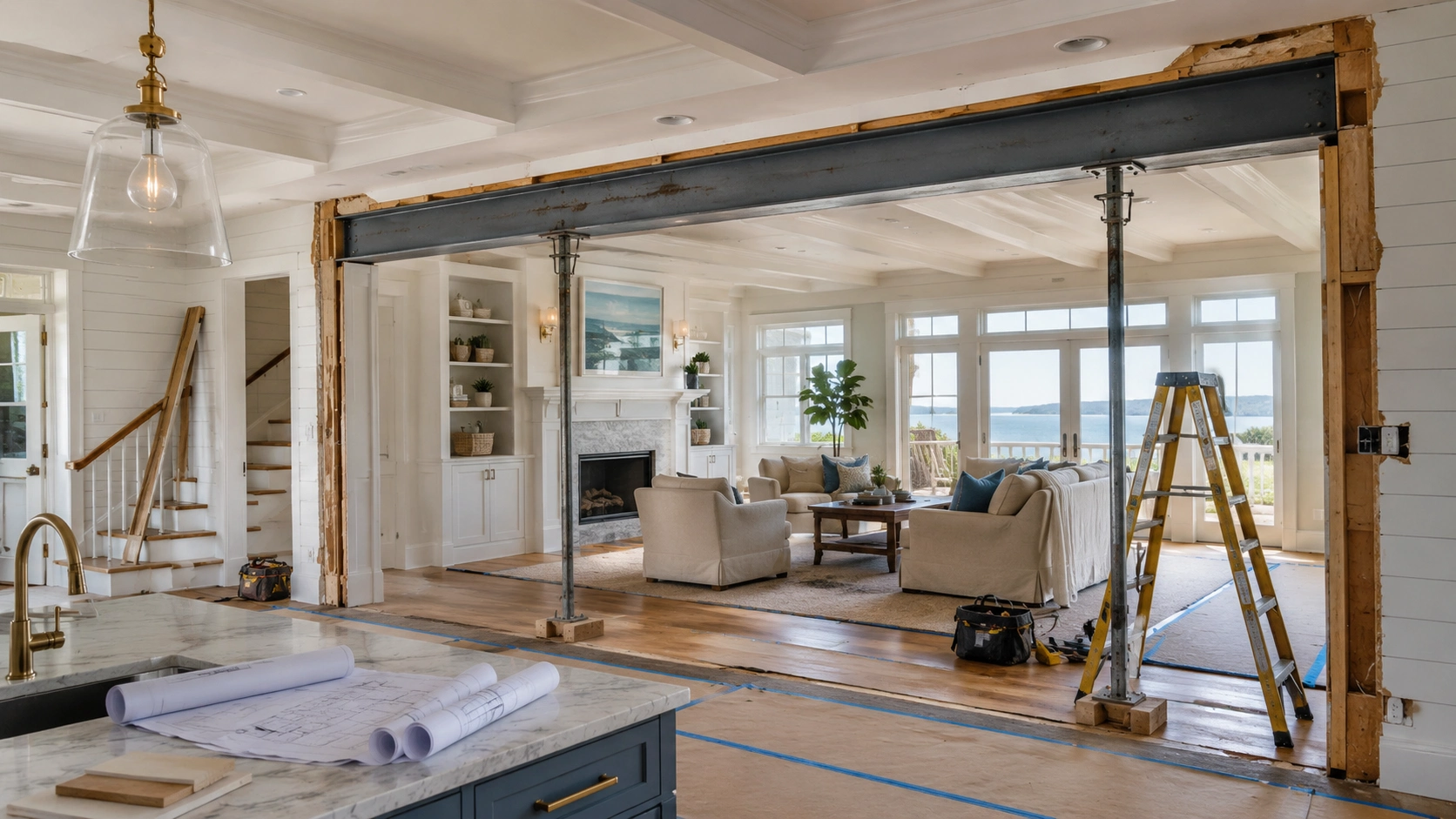 Steel support beam installed after removing a load-bearing wall during a Hamptons luxury home remodeling