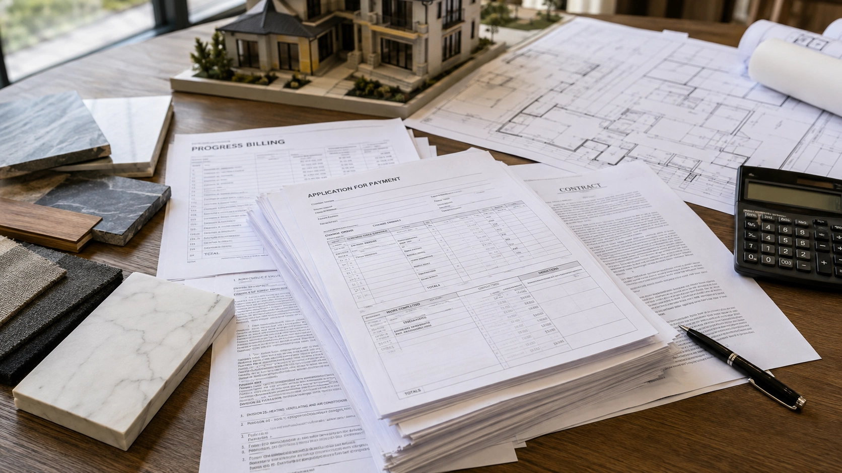 Construction payment application and progress billing documents for luxury home construction