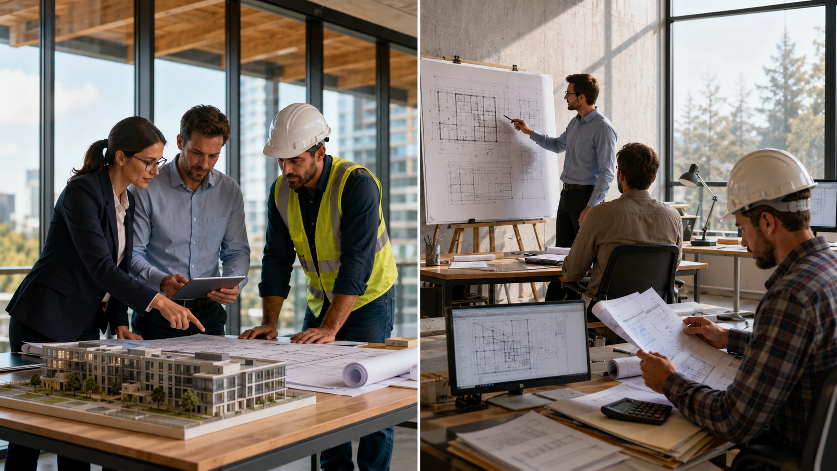 Construction team reviewing project plans during the design-build and design-bid-build process