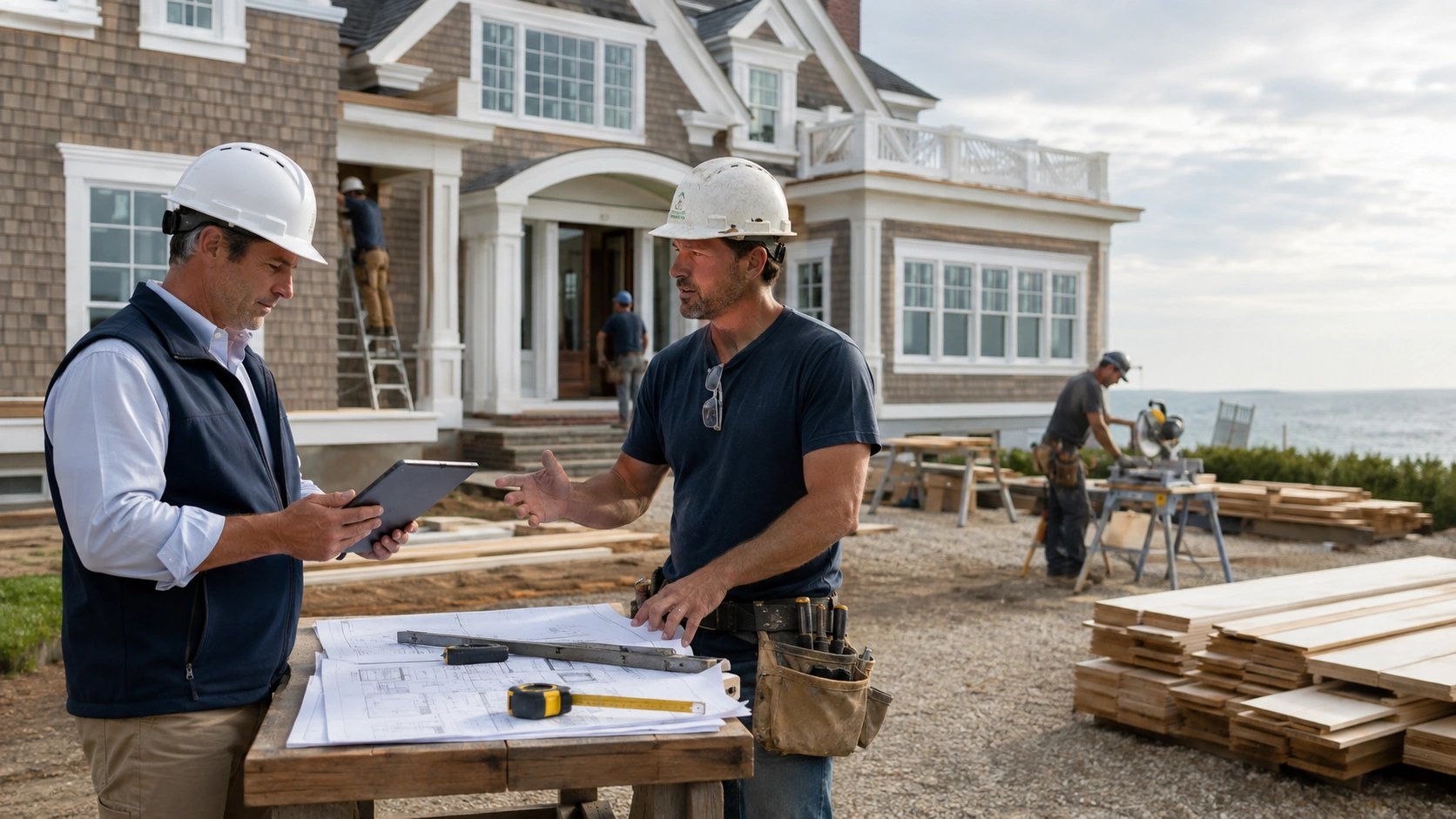 Contractor and construction manager reviewing project plans at a coastal home construction site