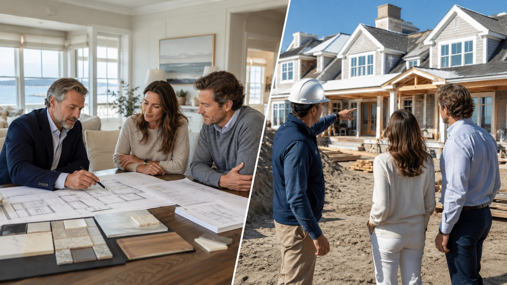 Design-build contractor reviewing custom Hamptons home plans with homeowners before touring a luxury residential construction project