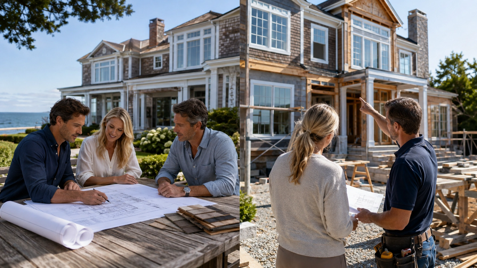 Homeowners meeting with a design-build contractor to review luxury Hamptons home blueprints and inspect a custom home under construction
