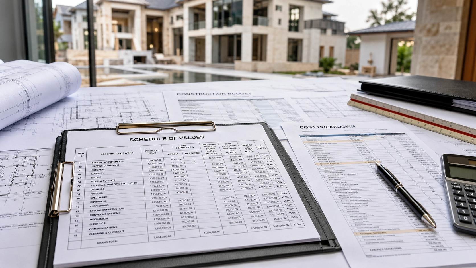 Schedule of values with construction budget and cost breakdown for luxury home project