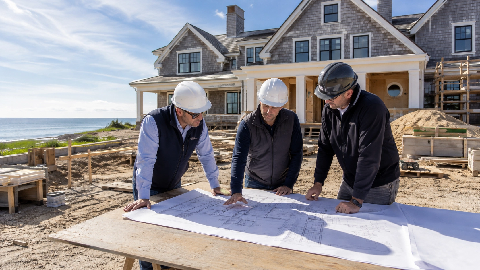 Three contractors reviewing construction blueprints at a coastal home construction site in the Hamptons New York