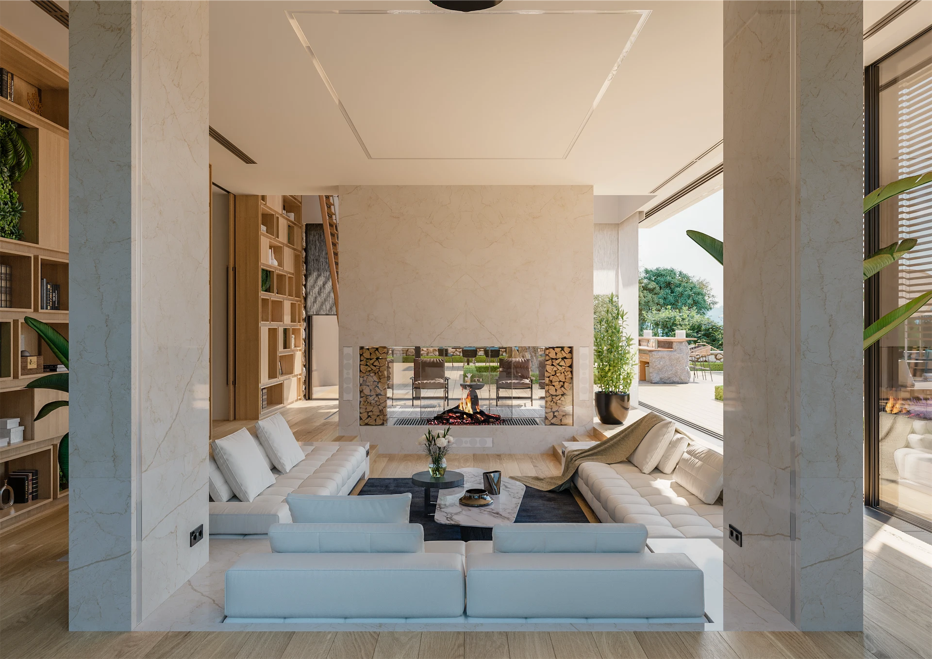 Bright luxury home interior with a modern fireplace, open living area, and refined finishes crafted by a custom home builder