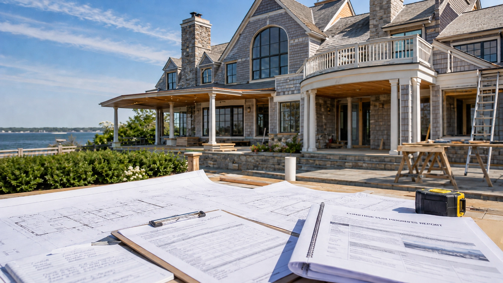 Construction plans and progress report documents at a luxury Hamptons waterfront home construction site
