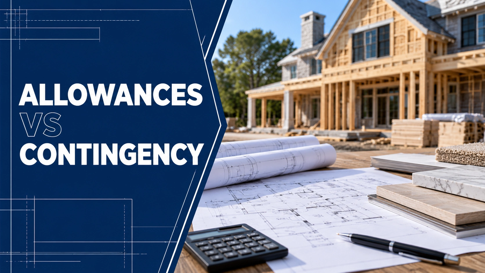 Construction plans, calculator, and material samples for comparing allowances and contingency on a Hamptons home project