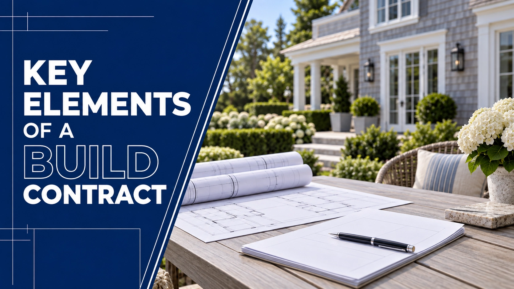 Custom Hamptons home with architectural plans and contract documents highlighting key elements of a construction contract