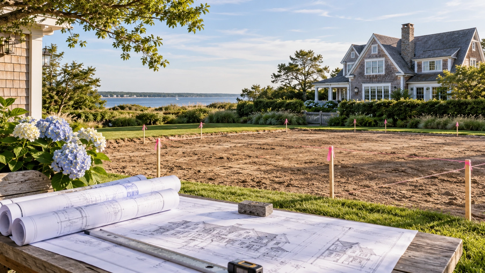Custom home preconstruction site in the Hamptons with architectural plans and surveyed foundation layout near a waterfront property