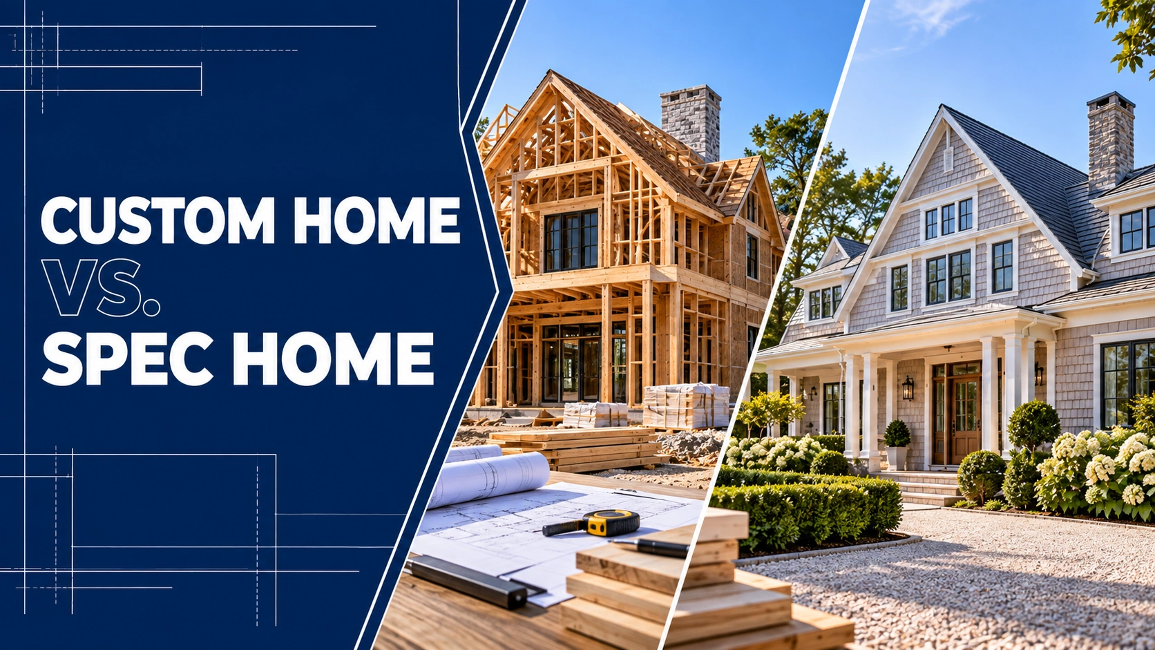 Custom home vs. spec home comparison showing a framed house under construction and a completed luxury home